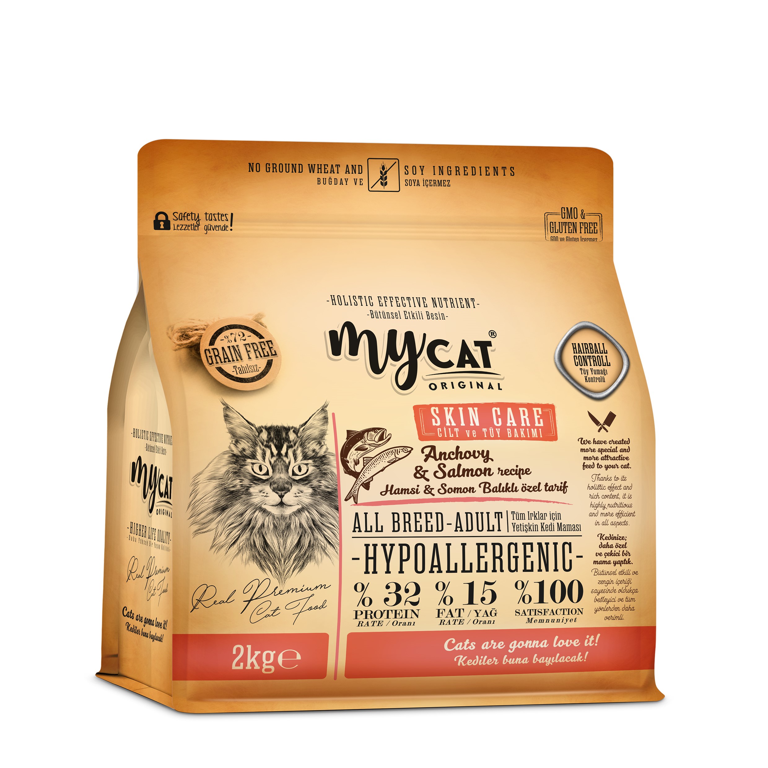  MYCAT ORIGINAL HYPOALLERGENIC SKIN CARE HAMSİ&SOMON BALIKLI ALL BREED-TÜM IRKLAR İÇİN KEDİ MAMASI (2KG)-1