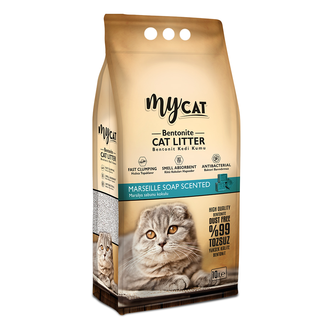 MYCAT (10 LT) BENTONİT KEDİ KUMU MARSİLYA SABUN KOKULU (KALIN TANE)-1