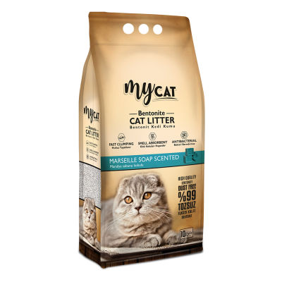 MYCAT (10 LT) BENTONİT KEDİ KUMU MARSİLYA SABUN KOKULU (İNCE TANE)-1