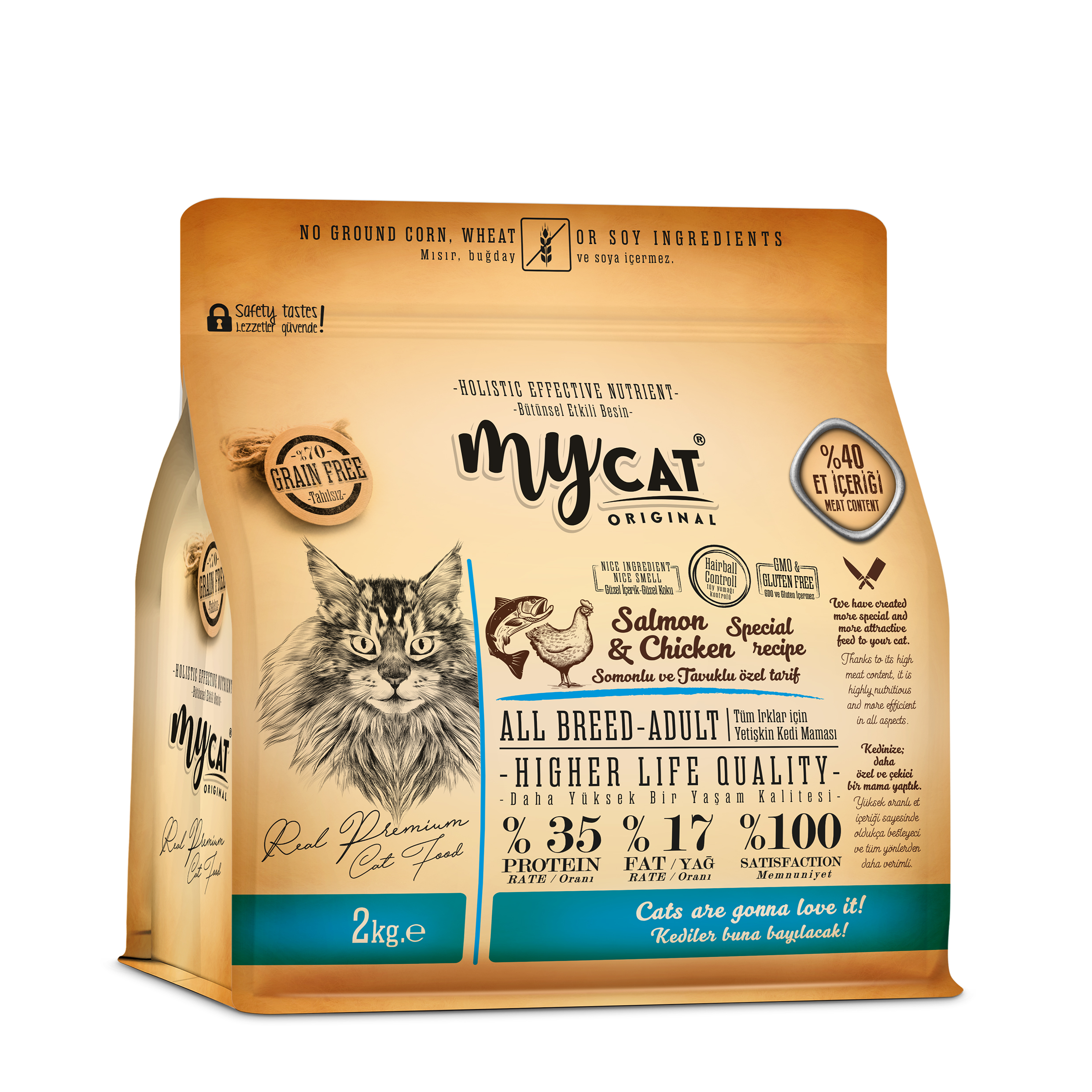 MYCAT ORIGINAL SOMONLU VE TAVUKLU ALL BREED-TÜM IRKLAR İÇİN KEDİ MAMASI (2KG)-1