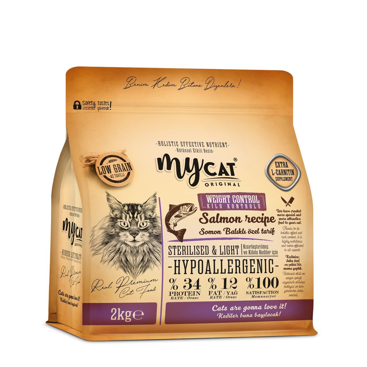 MYCAT ORIGINAL HYPOALLERGENIC LIGHT SOMON BALIKLI STERILISED KISIR KEDİ MAMASI (2KG)-1