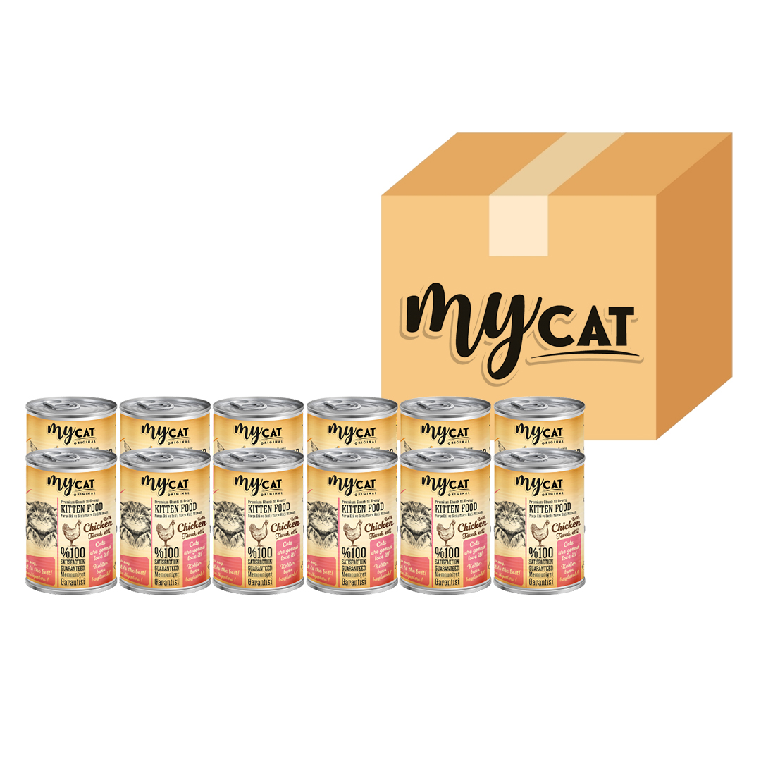 MYCAT TAVUK PARÇA ETLİ YAVRU KEDİ KONSERVERSİ 12 Lİ  (400GR)-1